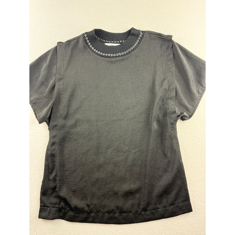 Sam Edelman Womens Black Mock Neck Short Sleeve Top Woven Ribbon Trim Size S
